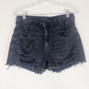 American Eagle Mom Short Womens 8 Denim Distressed Black Boho Festival Raw Hem
